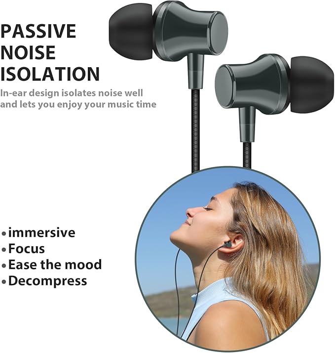 Wired Headphones Earphones for Laptop PC Chromebook Noise Isolating Ear Buds with 3.5mm Plug in Audio Jack Microphone HiFi Stereo Clear Call Volume Control for Kindle Fire School Travel MP3 Green