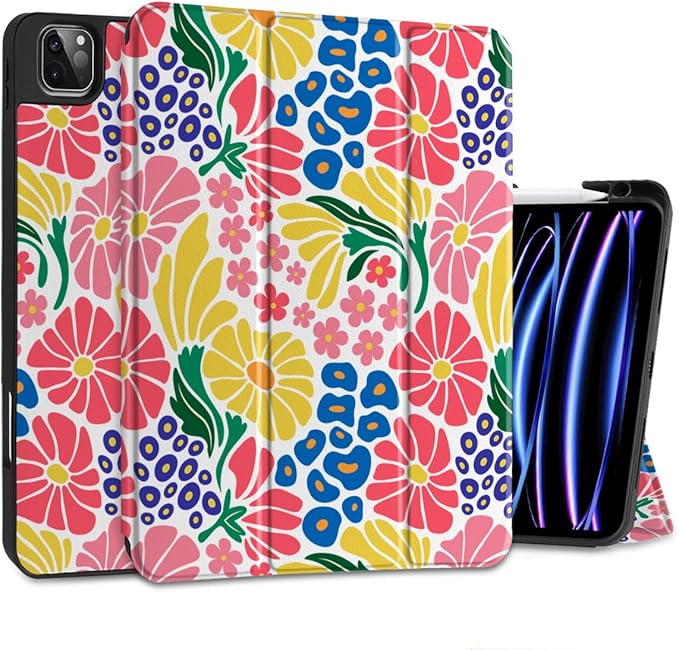 MEEgoodo Case for iPad Pro 12.9 Case M2 6th/5th/4th/3rd Generation 2022 2021 2020 2018, Protective Tablet Cover with Soft Back Shell for Kids, Groovy Flower