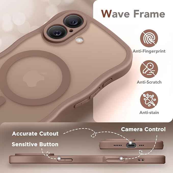 CAPRARO Magnetic for iPhone 17 Case for Women Girls, Upgraded [Full Camera Protection] [Compatible with MagSafe] Cute Wave Translucent Matte Phone Case for iPhone 17, Brown