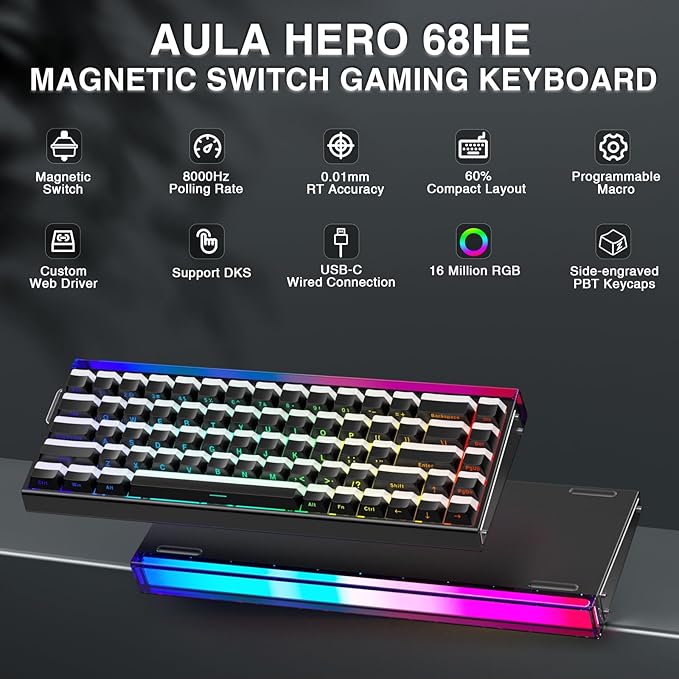 AULA Hero 68 HE 60% Gaming Keyboard Wired, Hall Effect Magnetic Switch Keyboard with 8K Hz Polling Rate, Side Printed PBT Keycaps, RGB Backlit Light Box, Customizable Web Software for PC/Mac Gamers