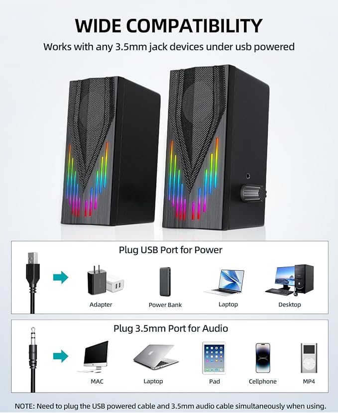 Uakinat Computer Speakers with 6 Colorful RGB Lights,USB Powered 3.5mm Aux with Loud Stereo Sound,Headphone-in for Desktop,PC/Laptop/Tablet Phone