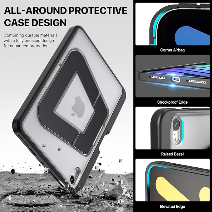 iPad mini Case for A17 Pro/6th Gen, Dual Kickstand Protective Cover with Apple Pencil Holder for 8.3” iPad mini (Black)