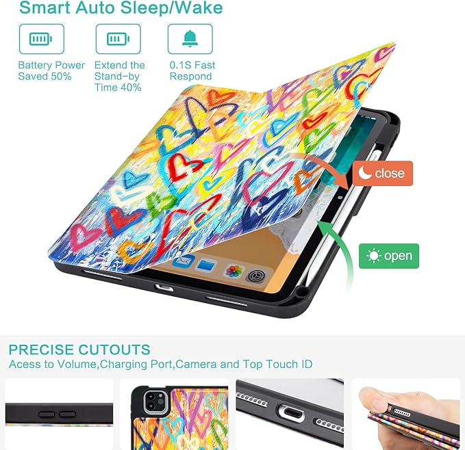 for iPad Air 11-inch Case M4/M3/M2 (2026/2025/2024), iPad Air 5th/Air 4th Gen Case with Pencil Holder, iPad Pro 11 Inch 4th/3rd/2nd/1st Multi-Angle View Adjustable Stand Auto Wake Sleep Colorful Heart