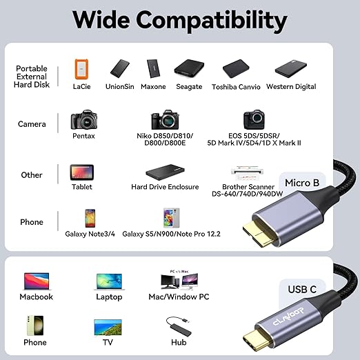 USB C to Micro B 3.0 Cable 6ft, 10Gbps External Hard Drive Micro-B to Type C Cord Data Transfer Replacement for Seagate Toshiba WD My Passport LaCie, Brother Scanner, Laptop, MacBook Pro/Air, Tablet