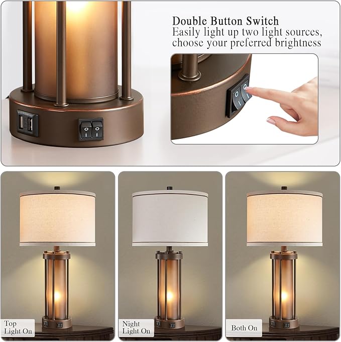 RORIA Farmhouse Table Lamps for Living Room with 2 USB Charging Ports, Vintage Rustic Nightstand Lamp with Amber Glass Nightlight, Retro Desk Lamp for Bedroom Entryway, 2 Bulbs Included