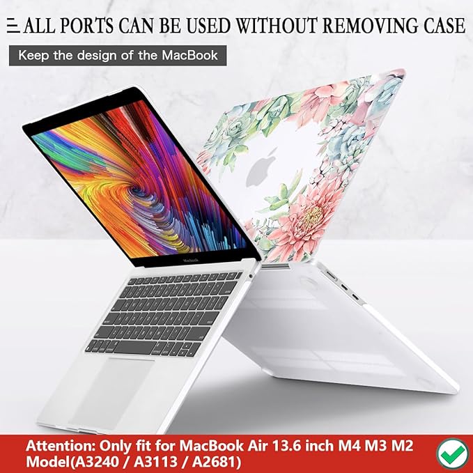CISSOOK Compatible with MacBook Air 13.6 Inch Case 2022 2024 2025 2026 Release M2 M3 M4 M5, Hard Shell Case with Keyboard Cover for MacBook Air 13.6 inch A2681 A3113 A3240 A3449 - Succulents