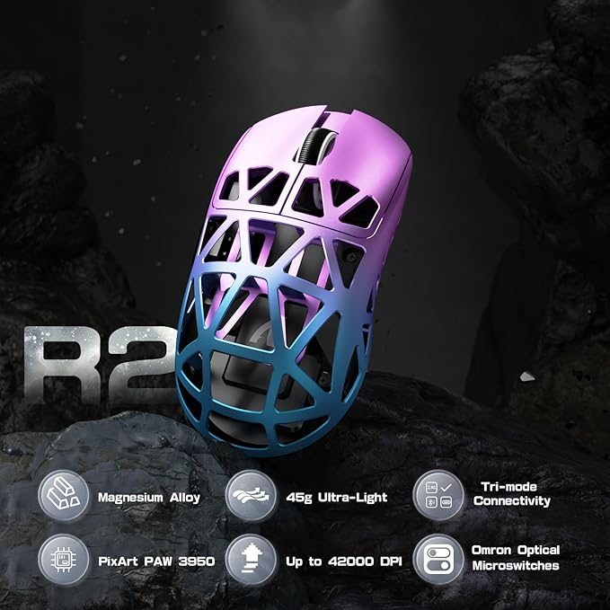ATTACK SHARK R2PRO 45g Superlight Magnesium Alloy Mouse, PixArt PAW3950 Sensor, 42000DPI, 8000Hz Wireless Polling Rate, 2.4G/BT/Wired Gaming Mouse, Programmable Mice with Coiled Cable, PC/Mac, Purple