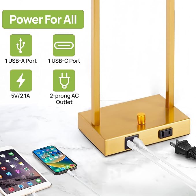 16" Desk Lamps for Home Office, Bedside Lamps with USB C+A Ports and Outlet, Gold Fully Stepless Dimmable Industrial Table Lamps with Crytal Glass Shade for Reading Living Room, LED Bulbs Included