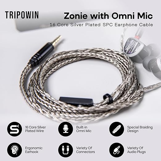 Linsoul Tripowin Zonie HiFi in-Ear Monitor Upgrade Cable, with Omni Mic, 16-Core Silver-Plated SPC Earphone Cable, Type-C/3.5mm Options, 1.25m SPC Tangle-Free Wire for Audiophiles(3.5MM,MMCX)