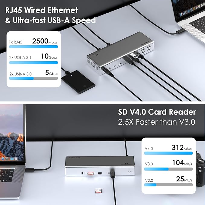 WAVLINK Thunderbolt 4 Dock with 100W Charging, Displaylink Docking Station Quad 4K@60Hz Monitor,3 Thunderbolt 4 Ports, 2.5G Ethernet, Thunderbolt Dock for Mac M1-M4 and PC,Displaylink Driver Required