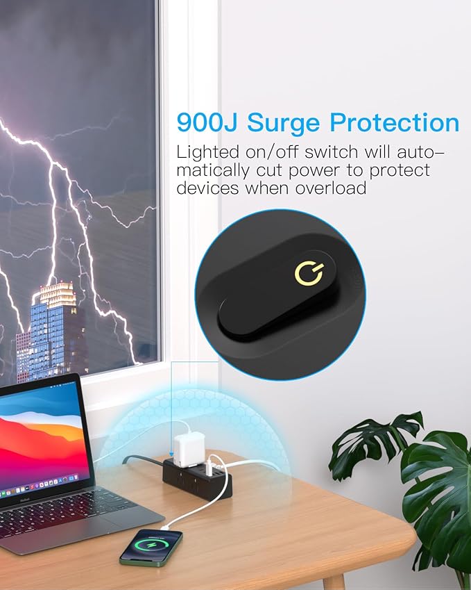 5Ft Extension Cord with Multiple Outlets, Flat Plug Power Strip Surge Protector with 5 Ft Long Cord, 6 Outlet 4 USB Ports (2 USB C), Multi Outlet Wall Plug for College, Dorm Room Essentials(Black)