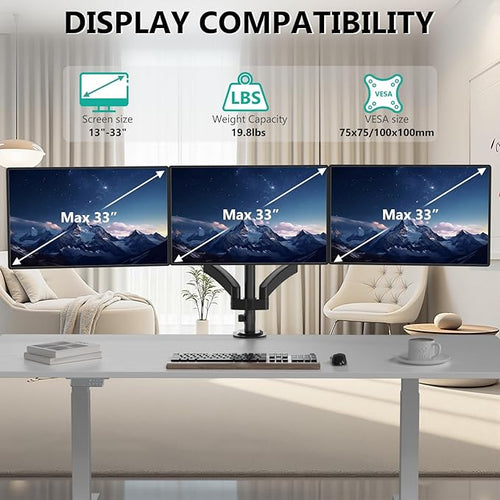 WALI Triple Monitor Mount, 3 Monitor Desk Mount for Screens 13-33 Inch, Multiple Monitors Stand with Tilt, Swivel, Rotation, Mounting Holes 75/100 mm, Black