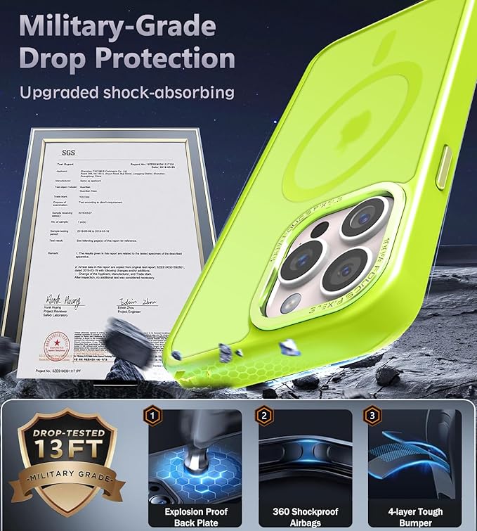 Newfuture Designed for iPhone 14 Pro Case with Magnetic [13 FT Military Drop Protection] [Compatible with Magsafe] Slim Translucent Matte Shockproof with Anti-Fingerprint Phone Case, Fluorescent Green