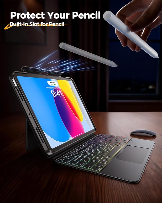 Clear Magnetic Keyboard Case for iPad A16 11th Gen 11" 2025/ 10th Gen 10.9" 2022, 7-Color Backlit & Multi-Touch Trackpad, Detachable 360 Rotation & Up-Down Lift Protective Case w/Stand, Black