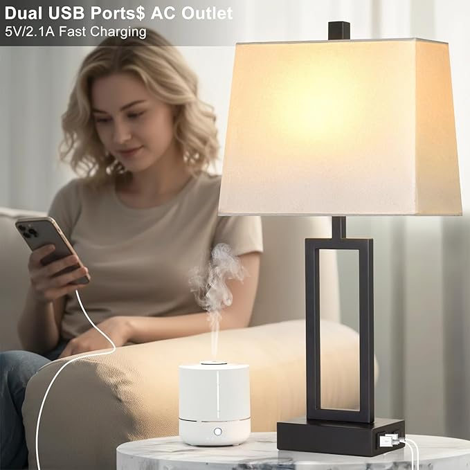 Touch Control Table Lamps with 2 USB Charging Ports & AC Outlets, 23" Tall Modern Nightstand Bedside Lamp for Bedroom, 3-Way Dimmable Metal Table Lamp with Fabric White Shade for Living Room End Table