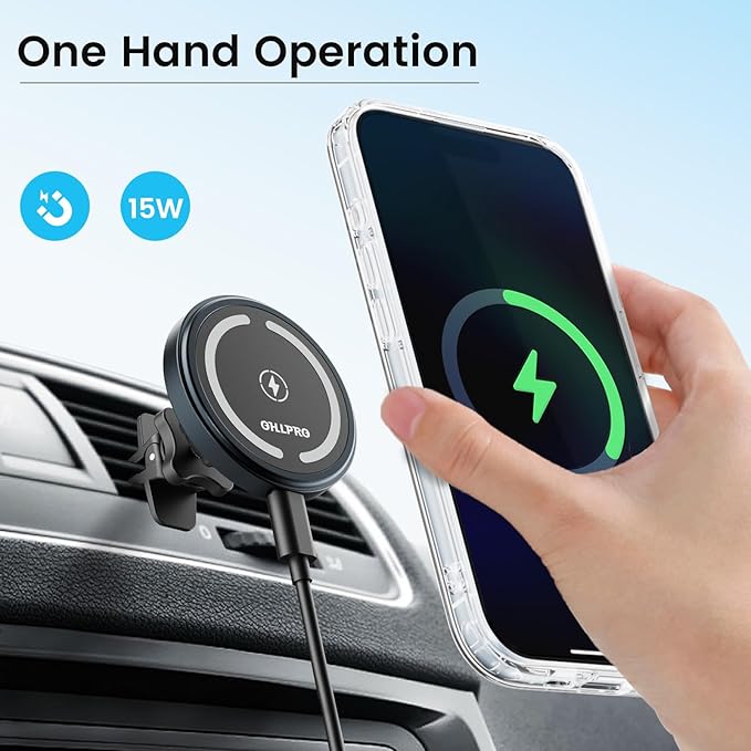 OHLPRO for MagSafe Car Mount Charger iPhone Wireless Car Charger, Stick on Dashboard Magnetic Phone Holder Mount for iPhone 17 Pro Max 16 15 14 Series, 15W Fast Charging, Aluminum Shell