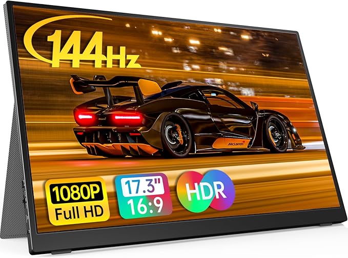 Anyuse 17.3" Portable Monitor, 1080P FHD, 144Hz, IPS HDR Screen, Travel Monitor for PC Mac Phone Xbox PS5 Switch Laptop, Smart Cover & Speakers