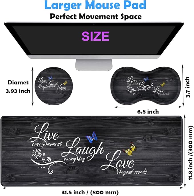 3 Piece Mouse Pad Set with Stitched Edge Large Anti-Slip Mouse Pad Desk Pad Keyboard Pad + Wrist Rest Pad + Coaster, Memory Foam Wrist Rest for Office/Home - Live Laugh Love