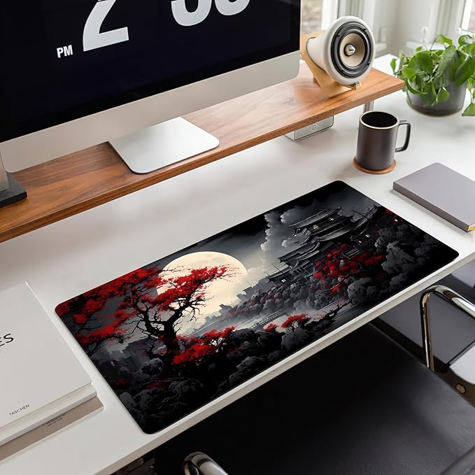 Riverside Full Moon Desk Mat Japanese Desk Pad Black Red Large Mouse Pad Gaming Mousepad Extended XXL Keyboard Pad 31.5 x 11.8 in Laptop Computer Mouse Keyboard Mat for Office Decor