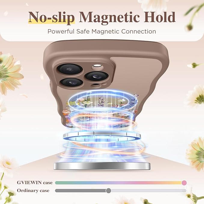 GVIEWIN for iPhone 14 Pro Case Compatible with MagSafe [Curly Wave Edge][Full Camera Protection] Floral Translucent Shockproof Magnetic Women Phone Case for 14 Pro, Primrose/Brown