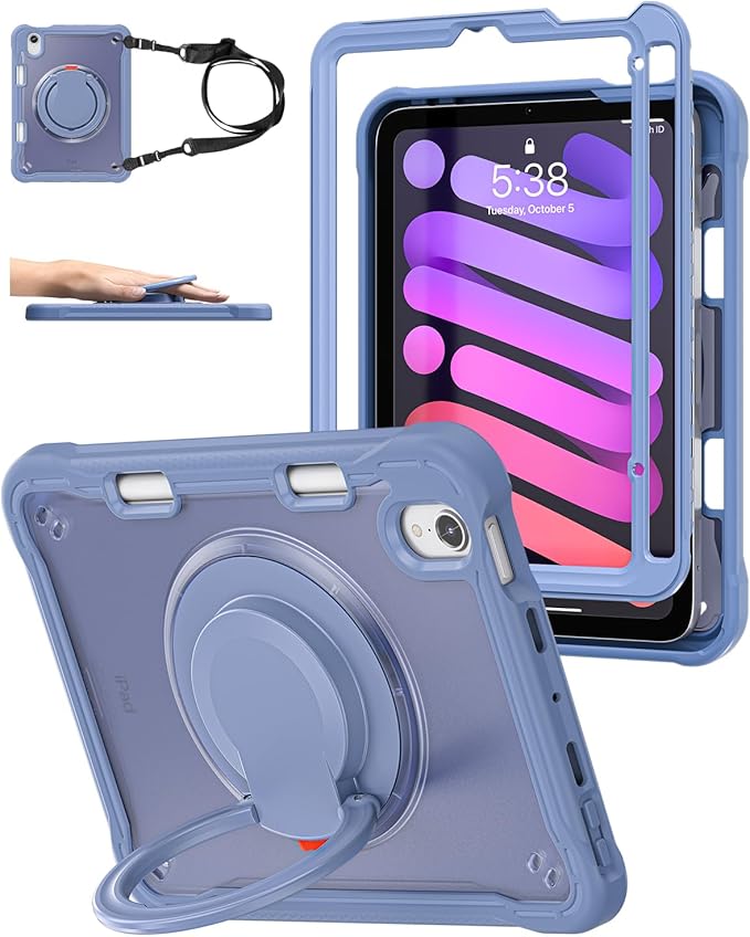 BRAECN for iPad (a17 pro) Mini 7/Mini 6 Case 2024/2021 8.3 inch with Pencil Holder Protective Clear Ring Handle 360 Rotating Stand Shockproof Dropproof Rugged Carrying Shoulder Strap Kids Friendly