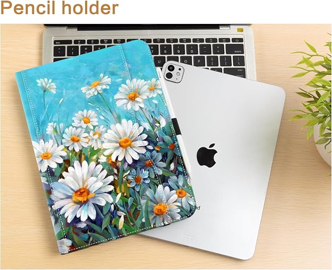 Vimorco for iPad Pro 13 Inch Case M5/M4 2025/2024, Flower for iPad 13 Pro Case M5/M4 for Girls Women, Auto Wake/Sleep, Adjustable Stand Cover, Hand Strap, Card Pocket, Pencil Holder, Daisy