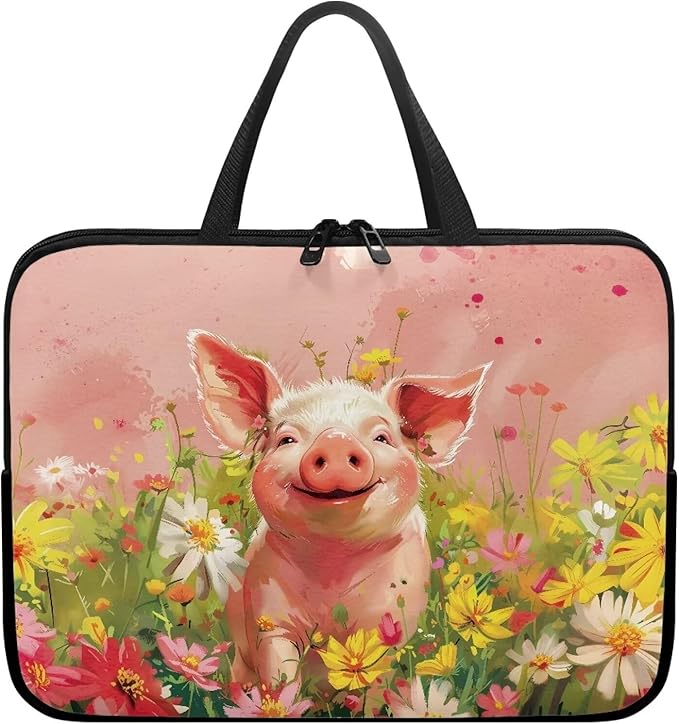Pink Pig Floral 13 Inch Laptop Sleeve, Cute Computer Bag Tablet Carrying Case Laptop Cover Tote Bags Notebook Sleeves Handbag Messenger Briefcase for Travel/Work/School
