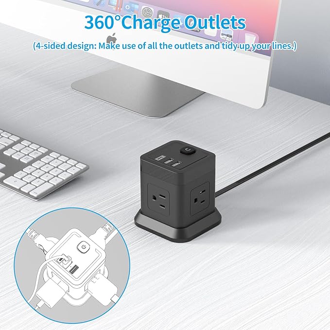 Power Strip with USB C, FDTEK Flat Plug Extension Cord with 4 Outlets and 3 USB Ports 10 FT Desk Power Strip Cube Overload Protection Compact Portable for Travel Home Office Cruise Ship - Black
