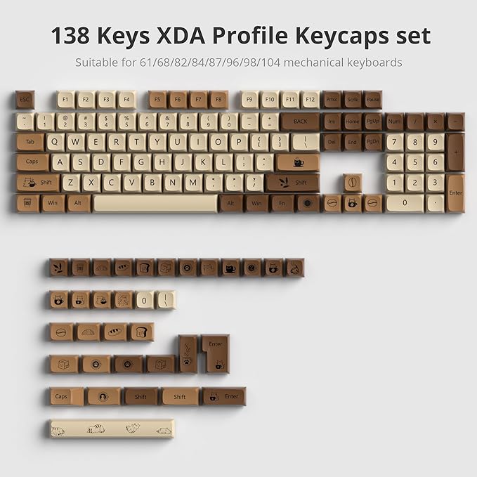 Guffercty kred Coffee Cat XDA Profile PBT Keycaps 75 Percent，138 Keys Dye Sub Caps for 60% 65% 75% Mechanical Gaming Keyboard（Coffee Cat）
