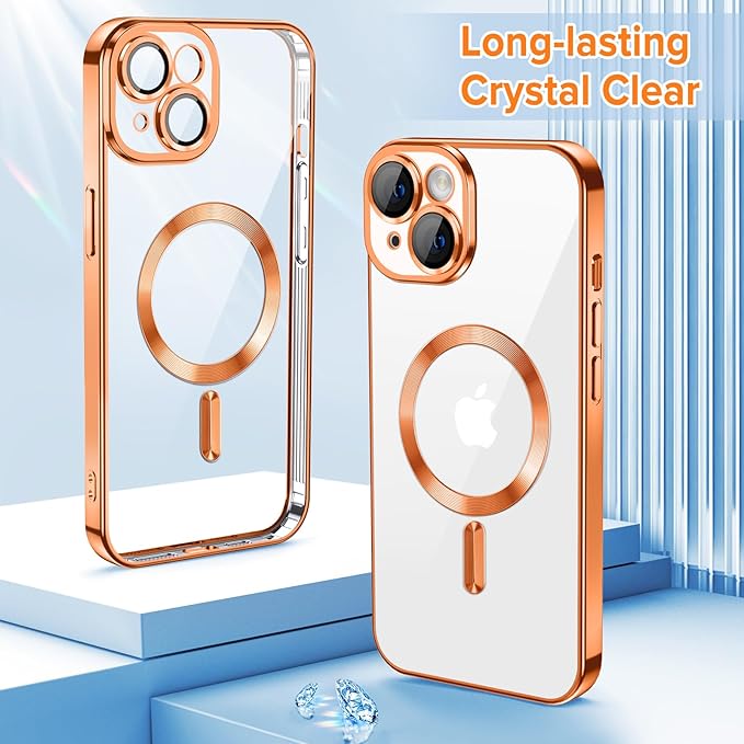 Hython Magnetic Clear for iPhone 15 Plus Case with Camera Lens Protector [Compatible with MagSafe] Luxury Plating Edge Slim Soft TPU Cover Protective Phone Case for iPhone 15 Plus 6.7", Orange