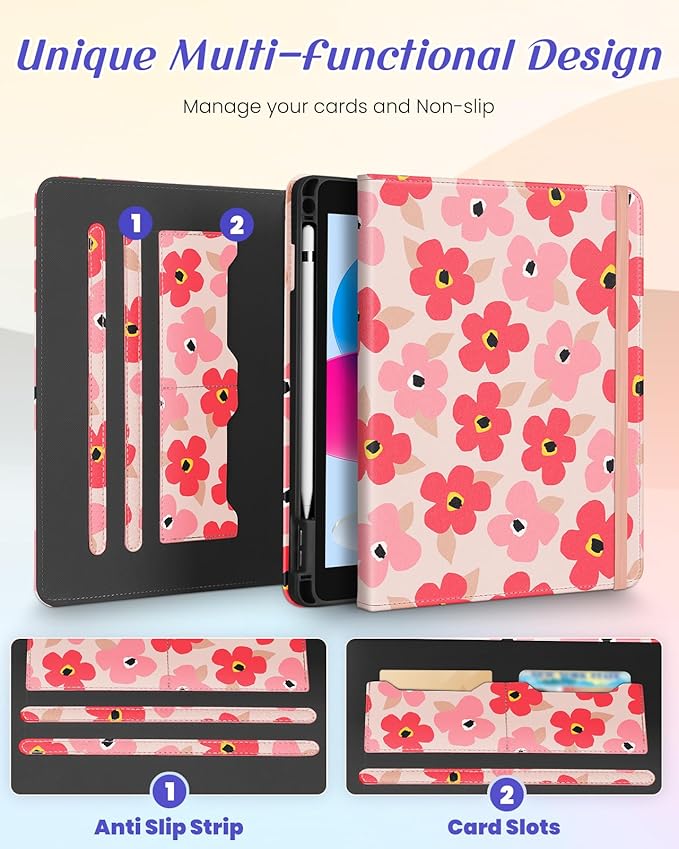 Kidcube for iPad 10th Generation Case 2022, for iPad (A16) Case 11th Generation 2025 - Women Girl Cute Rotating Stand Folio Cover with Pencil Holder & Card Slot Girly Kawaii Floral Flower Design Cases