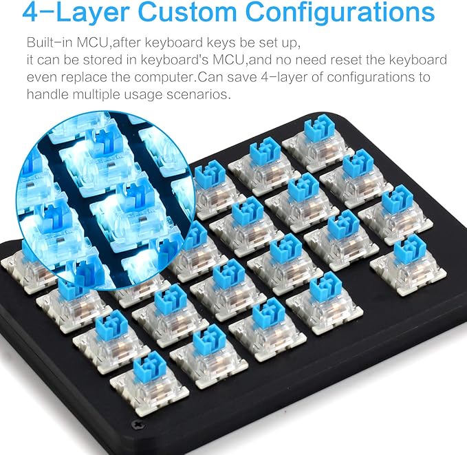 Koolertron 23-Key One-Handed Mechanical Keypad, Blue LED Backlit Portable Mini One-Handed Mechanical Gaming Keypad 23 Fully Programmable Keys