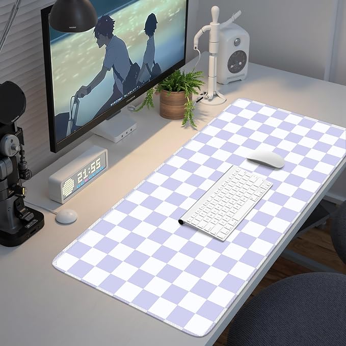 iCasso Desk Pad Mat, Desk Matt for Desktop, Cute XXL Large Mouse Pad, Anti-Slip Big Mousepad with Stitched Edges, Keyboard Pad Mouse Mat for Computer (Purple Checkered)