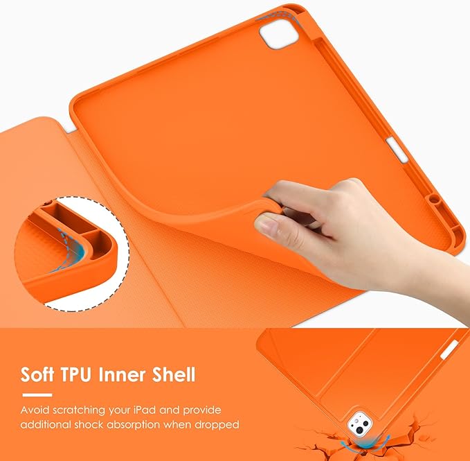 VIKESI Case for iPad iPad Pro 13-inch M5 or M4 Released in 2025 or 2024,Multiple Angles Magnetic Stand Cover,Shockproof Soft Back,Pencil Holder,and Auto Sleep/Wake,Orange