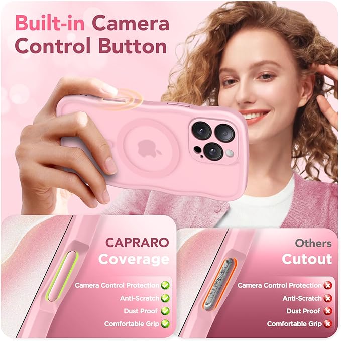 CAPRARO for iPhone 16 Pro Max Case for Women Girls, Upgraded [Full Camera Protection] [Compatible with MagSafe] Cute Wave Translucent Matte Phone Case for iPhone 16 Pro Max, Peach Pink