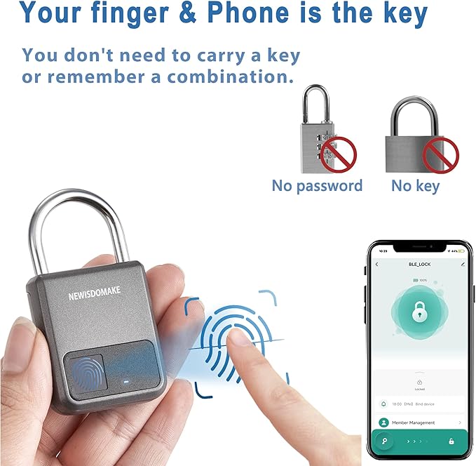 Fingerprint Padlock, Smart Padlock with Fingerprint or Remote Authorized Unlock, Biometric Lock Suitable for Luggage, Bookcase, Suitcase, Backpack, Bike, School Locker, Gym Locker Lock(Gray)