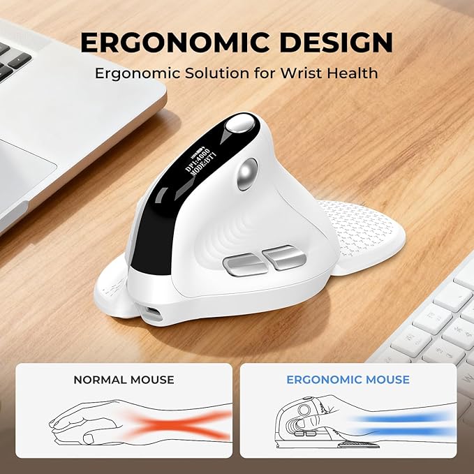 DELUX Seeker Ergonomic Mouse Wireless, Vertical Mouse with OLED Screen, 6 Buttons&Thumb Wheel Function, Silent Click, Up to 7200DPI, Programmable, Rechargeable, BT/2.4G/Wired, RGB Light(M618XSD-White)