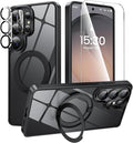 360°Ring Stand for Samsung Galaxy S26 Ultra Case with 1X Screen Protector +1X Camera Cover,Fit for MagSafe, Anti-Yellowing & Scratch-Resistant Back Phone Case for Galaxy S26 Ultra 6.9", Clear Black