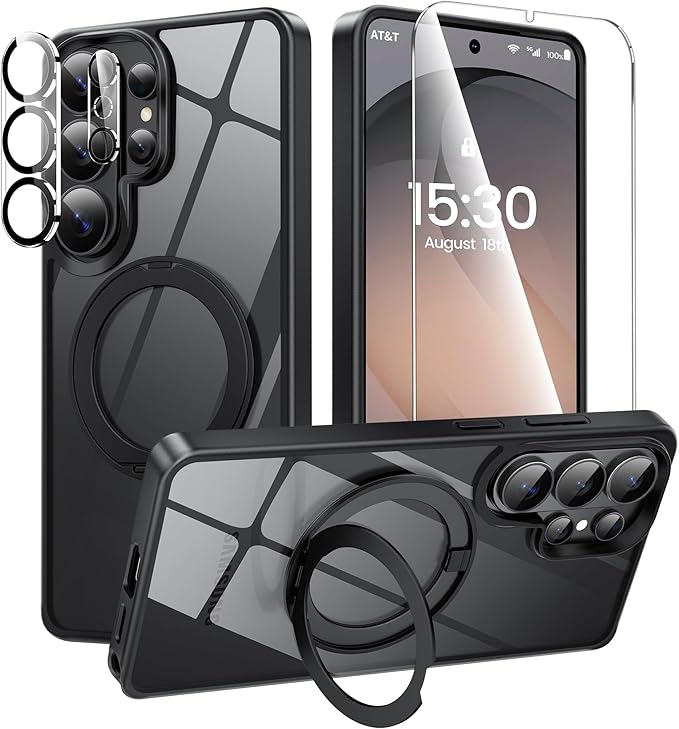 360°Ring Stand for Samsung Galaxy S26 Ultra Case with 1X Screen Protector +1X Camera Cover,Fit for MagSafe, Anti-Yellowing & Scratch-Resistant Back Phone Case for Galaxy S26 Ultra 6.9", Clear Black