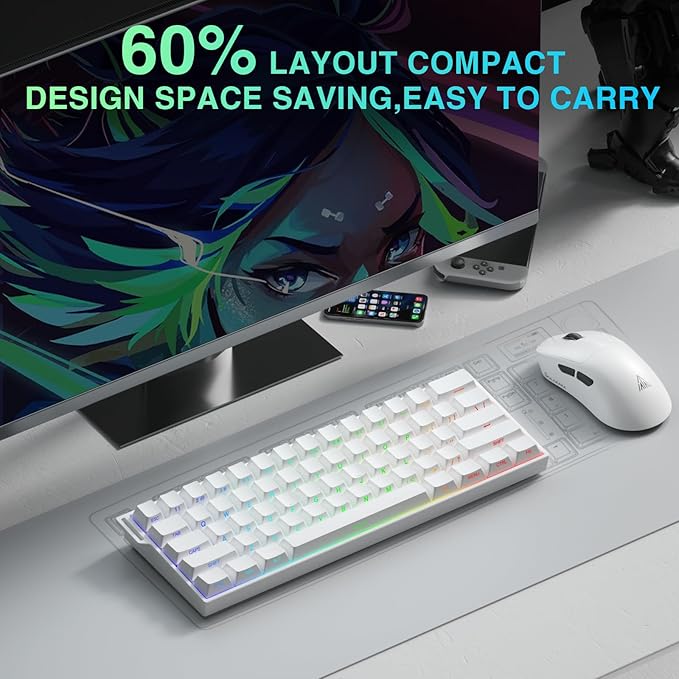 Aula MINI60 HE PRO Wireless Gaming Keyboard 60%,Hall Effect Rapid Trigger Magnetic Keyboard,8000Hz Polling,Tri-Mode(BT5.0/2.4GHz/USB-C),RGB Hot Swappable Compact Mechanical Keyboard for Gamer(White)