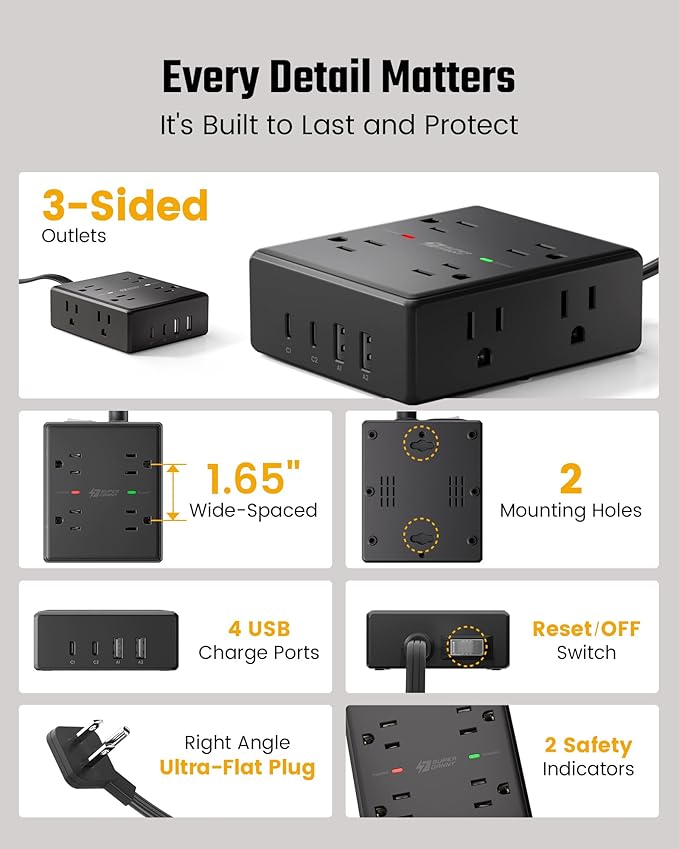 20Ft Long Extension Cord, Flat Plug Power Strip Surge Protector, 8 Outlet 4 USB Ports (2 USB C), Wall Mountable, Desk Charging Station for Home Office, College Dorm Room Essentials (Black)