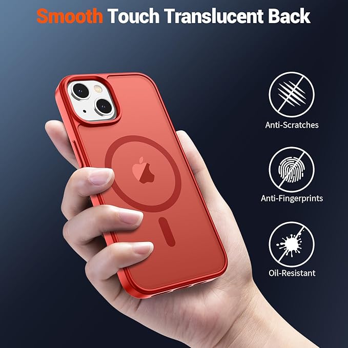 SUPFINE Magnetic for iPhone 14 Case & iPhone 13 Case (Compatible with MagSafe)(Military Grade Drop Protection) Slim Translucent Matte Shockproof Phone Cover,Red