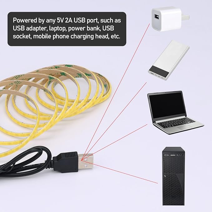 GOMING 5V COB USB LED Strip Light Cool White 6000K 5mm Width USB Powered 13.12ft/4M 400LEDs/M Flexible High Brightness IP20 Not Waterproof LED Tape Lights for DIY Decoration Lighting(2pcs x 6.6ft)
