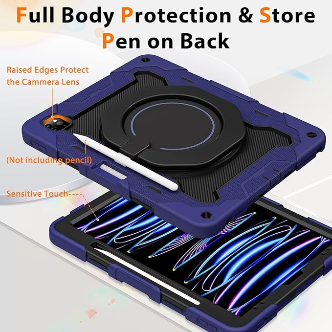 ROISKIN for iPad Pro 12.9 -Inch Case (6th, 5th, 4th & 3rd Gen)with HD Screen Protector, 360 Stand, Handle, Pencil Holder,Shoulder Strap[15ft Drop Protection]Rugged Bulky Full Body 12.9 iPad Pro Case