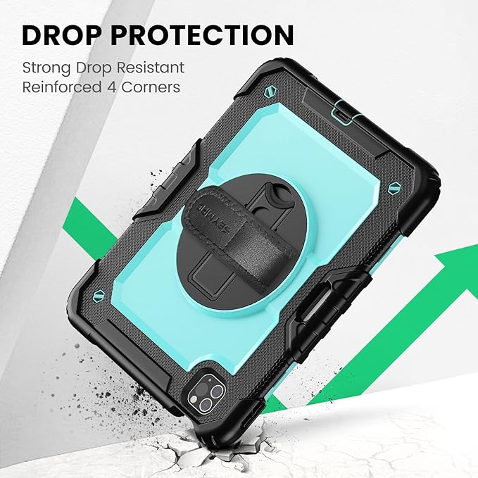 SEYMAC Case for iPad Pro 11 Case 4th/ 3rd/ 2nd/ 1st Gen (2022/2021/2020/2018), Full-Body Shockproof Protective Case with Screen Protector, 360° Rotating Stand and Hand/Shoulder Strap, Sky Blue