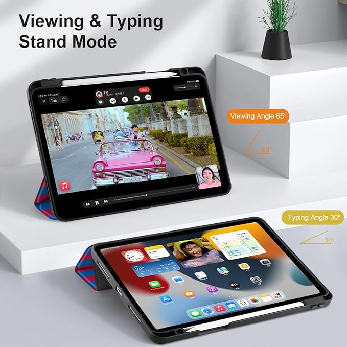 DONGKE Case for 2022/2021/2020/2018 iPad Pro 11 inch Gen 4/3/2/1 - Slim Protective Case - Built in Pencil Holder Support Charging - Trifold Stand & Sleep/Wake Cover- Red Stripes