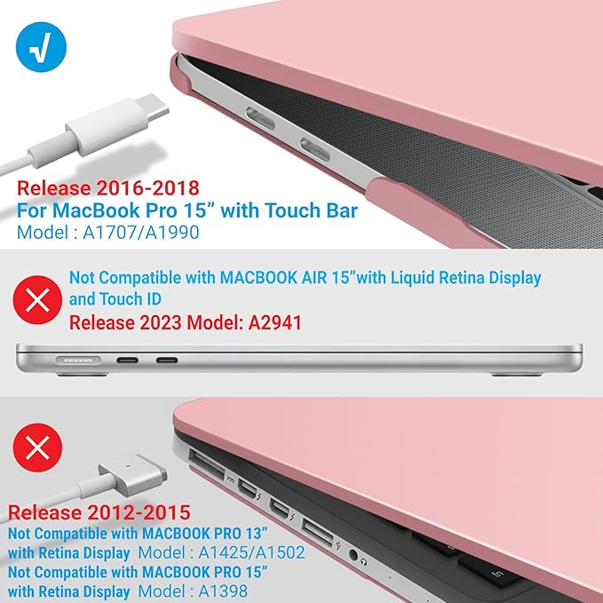IBENZER Compatible with MacBook Pro 15 Inch Case 2019 2018 2017 2016 A1990 A1707, Hard Shell Case with Keyboard Cover & Type C Adapter for Mac Pro 15 Touch Bar, Rose Quartz, T15-RQ+1TC
