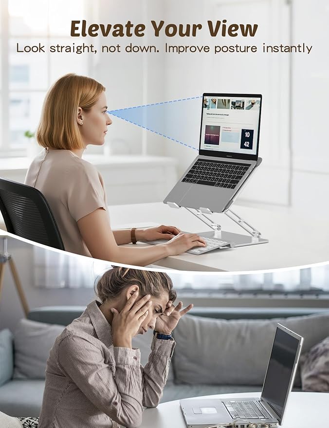Aoviho Laptop Stand for Desk – Adjustable Aluminum Laptop Riser with Unique Cat-Shaped Cooling Vent, Portable Desk Gift & Decor, Compatible with MacBook Air Pro, Dell, HP, Lenovo (10"-17.3"), Silver