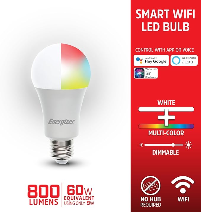 XTREME Energizer Connect Smart A19 LED White & Multi-Color RGB Light Bulbs with Voice Control and Remote Access Through Your Smartphone | Compatible with Alexa and Google Assistant (12 Pack)