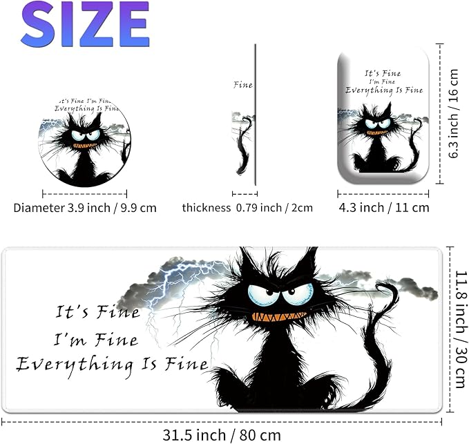 Large Mouse Pad Set, Desk Mat + Elbow Rest Pad + Coaster, Easy Typing Pain Relief, Ergonomic Arm Rest Pad with Memory Foam, Extended Desk Pad Anti-Slip Rubber Base for Office Home, Funny Black Cat
